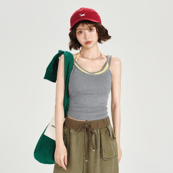 Women's Summer Fake Two-Piece Camisole with Chest Pads, Double Shoulder Straps, Sweet Spicy Inner Outer Wear Top