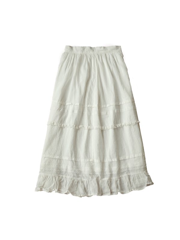Women's Summer French Lace Flared Midi Skirt - Vintage Cloud Design, Lightweight Linen for Vacation Style