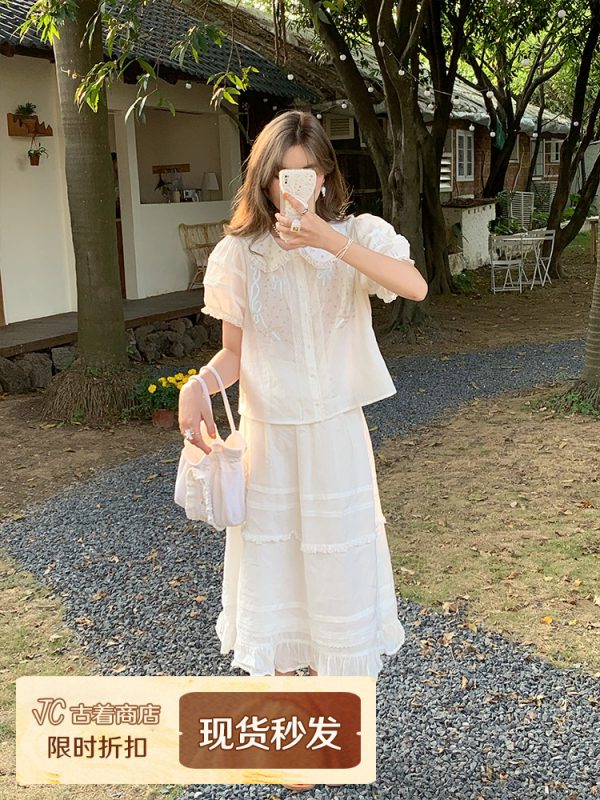 Women's Summer French Lace Flared Midi Skirt - Vintage Cloud Design, Lightweight Linen for Vacation Style