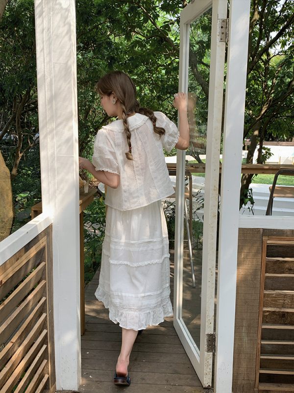 Women's Summer French Lace Flared Midi Skirt - Vintage Cloud Design, Lightweight Linen for Vacation Style