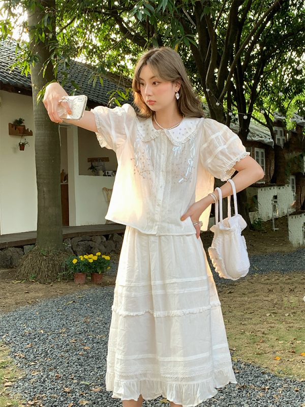 Women's Summer French Lace Flared Midi Skirt - Vintage Cloud Design, Lightweight Linen for Vacation Style