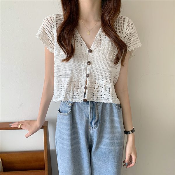 Women's Summer Lace Cardigan with Camisole Dress & Hollowed-Out Short Sleeve Top - Lightweight Vest Jacket for Stylish Layering