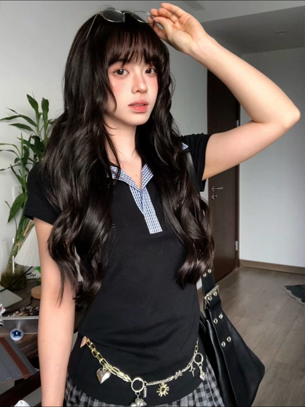 Women's Summer Plaid Splicing Polo Collar Short Sleeve T-Shirt - American Style Slim Fit College Trendy Top