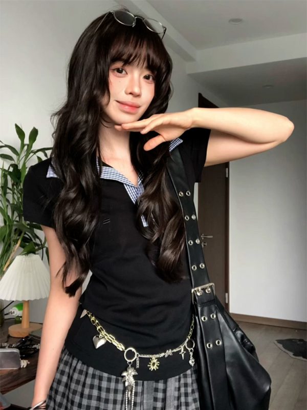 Women's Summer Plaid Splicing Polo Collar Short Sleeve T-Shirt - American Style Slim Fit College Trendy Top