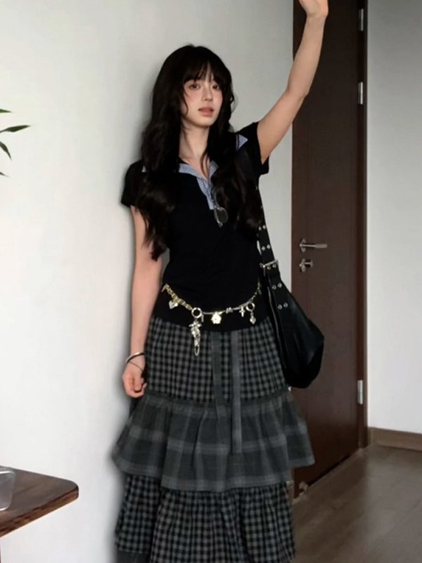 Women's Summer Plaid Splicing Polo Collar Short Sleeve T-Shirt - American Style Slim Fit College Trendy Top