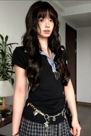 Women's Summer Plaid Splicing Polo Collar Short Sleeve T-Shirt - American Style Slim Fit College Trendy Top