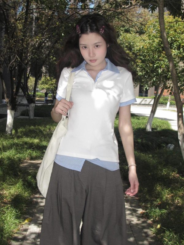 Women's Summer Plaid V-Neck Polo Shirt Two-Piece Outfit - Short Sleeve, Slim Fit College Style Top