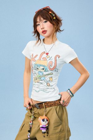 Women's Summer Slim Fit Fun Cartoon Graffiti Short Sleeve T-Shirt - Trendy Y2K Style Casual Top