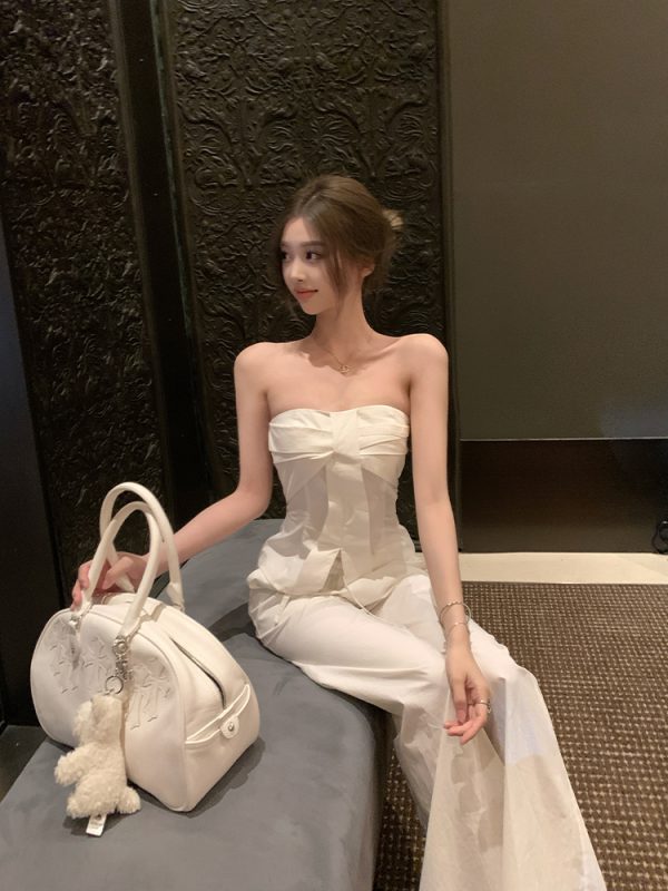 Women's Summer White Strapless Two-Piece Set with Waist-Cinching and Wide-Leg Pants - Casual Chic Style for Effortless Elegance