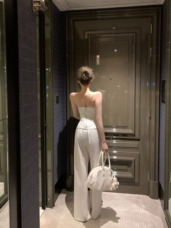 Women's Summer White Strapless Two-Piece Set with Waist-Cinching and Wide-Leg Pants - Casual Chic Style for Effortless Elegance