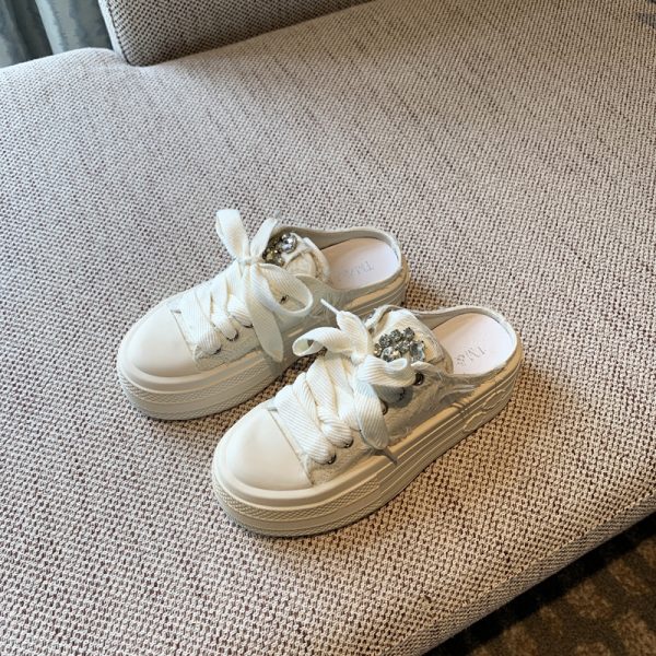 Women's Thick-Soled Lace-Up Canvas Slippers - Versatile Casual Half-Drag Sandals for Spring 2025 Fashion