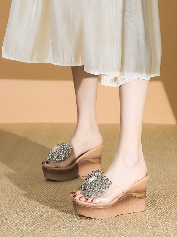 Women's Trendy Rhinestone One-Strap High-Heeled Wedge Sandals - 2025 Summer Waterproof Thick-Soled Fashion Shoes