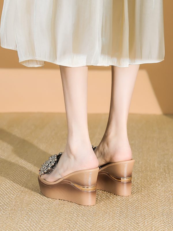 Women's Trendy Rhinestone One-Strap High-Heeled Wedge Sandals - 2025 Summer Waterproof Thick-Soled Fashion Shoes