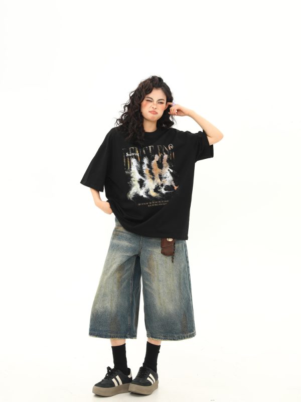 Womenâ€™s Vintage Blurry Portrait Print Short Sleeve T-Shirt - Summer Round Neck Loose Fit Couples Tee - 90s Inspired Fashion