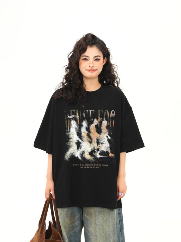 Womenâ€™s Vintage Blurry Portrait Print Short Sleeve T-Shirt - Summer Round Neck Loose Fit Couples Tee - 90s Inspired Fashion