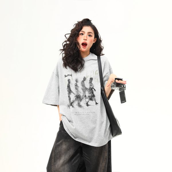 Womenâ€™s Vintage Blurry Portrait Print Short Sleeve T-Shirt - Summer Round Neck Loose Fit Couples Tee - 90s Inspired Fashion