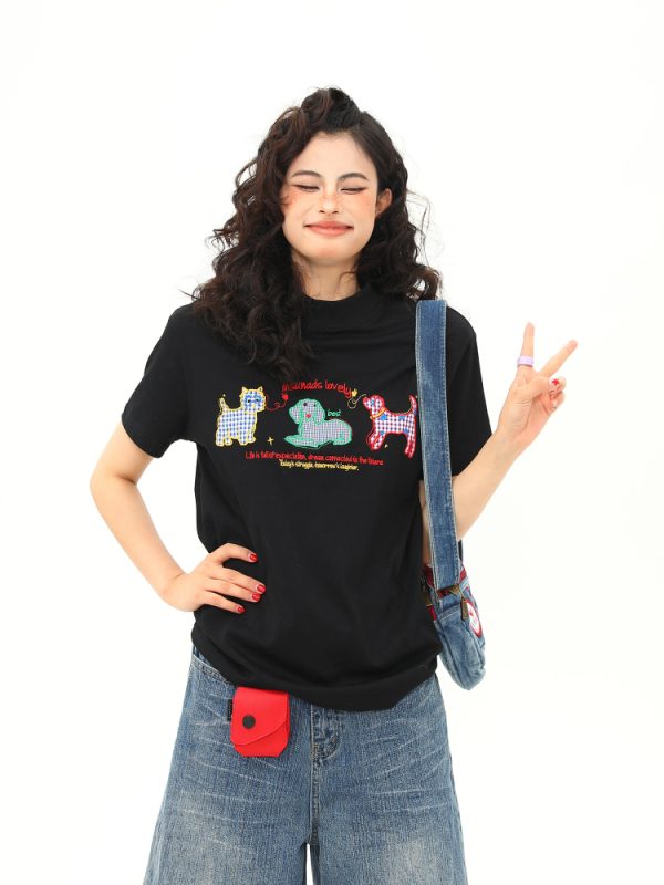 Women's Vintage Cartoon Dog Embroidery Shoulder T-Shirt, Slightly Loose Fit, Slimming Short Sleeve, Versatile Y2K Style