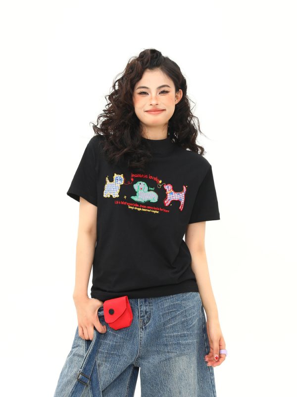 Women's Vintage Cartoon Dog Embroidery Shoulder T-Shirt, Slightly Loose Fit, Slimming Short Sleeve, Versatile Y2K Style