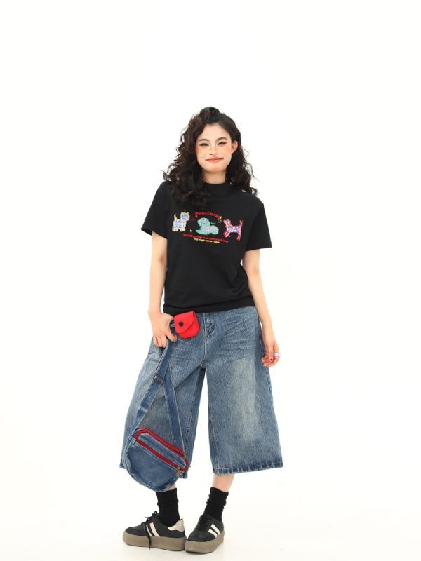 Women's Vintage Cartoon Dog Embroidery Shoulder T-Shirt, Slightly Loose Fit, Slimming Short Sleeve, Versatile Y2K Style
