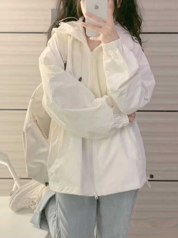 Women's Vintage Chic Lightweight White Sun Protection Jacket with Hood, Short Cardigan for Junior High and High School Students