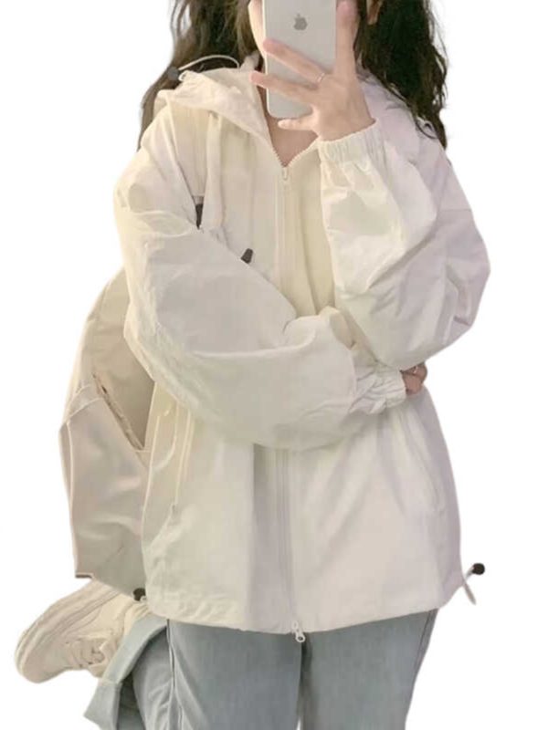 Women's Vintage Chic Lightweight White Sun Protection Jacket with Hood, Short Cardigan for Junior High and High School Students