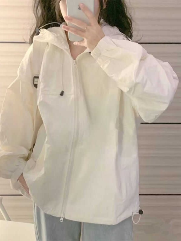 Women's Vintage Chic Lightweight White Sun Protection Jacket with Hood, Short Cardigan for Junior High and High School Students