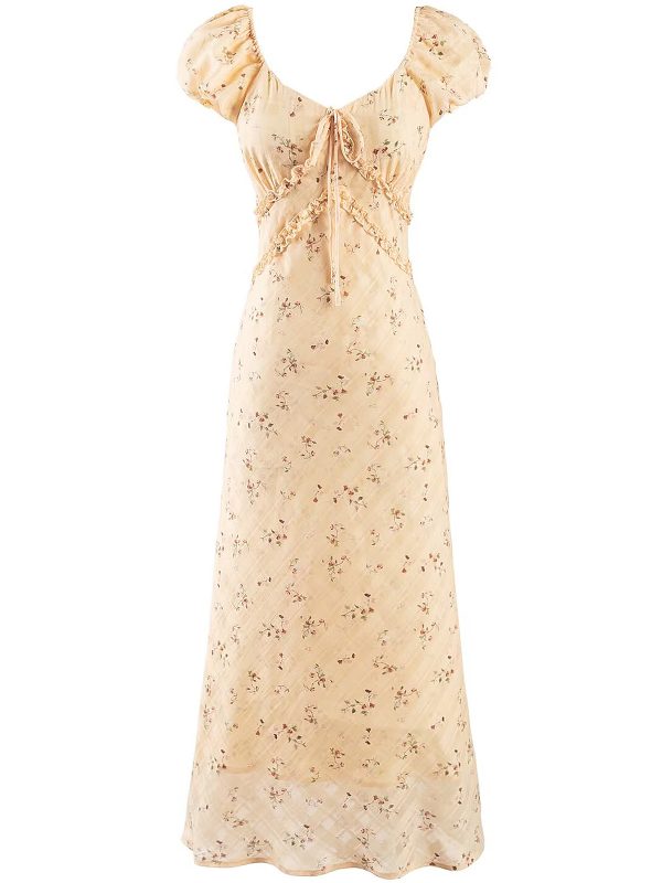 Women's Vintage Lace-Up Yellow Floral Long Dress - 2025 Summer Vacation Style, Boho Chic, French Inspired Fashion