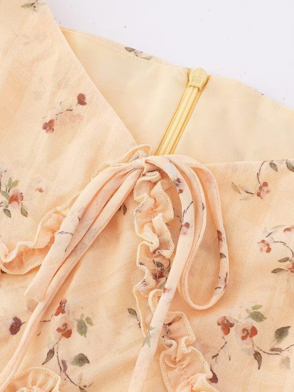 Women's Vintage Lace-Up Yellow Floral Long Dress - 2025 Summer Vacation Style, Boho Chic, French Inspired Fashion