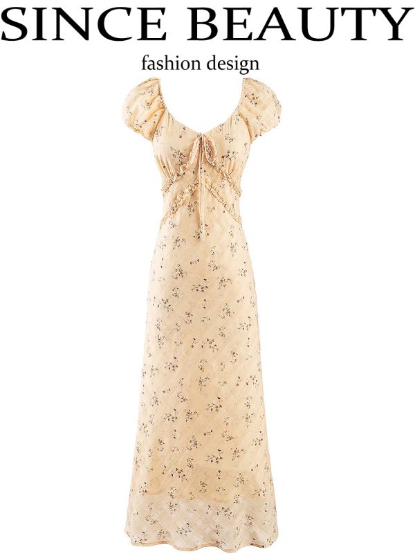 Women's Vintage Lace-Up Yellow Floral Long Dress - 2025 Summer Vacation Style, Boho Chic, French Inspired Fashion