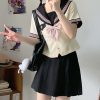 Women's Waist-Defined Sailor Suit Uniform Set - Camellia & Book Custard Short Sleeve College Style Summer Fashion