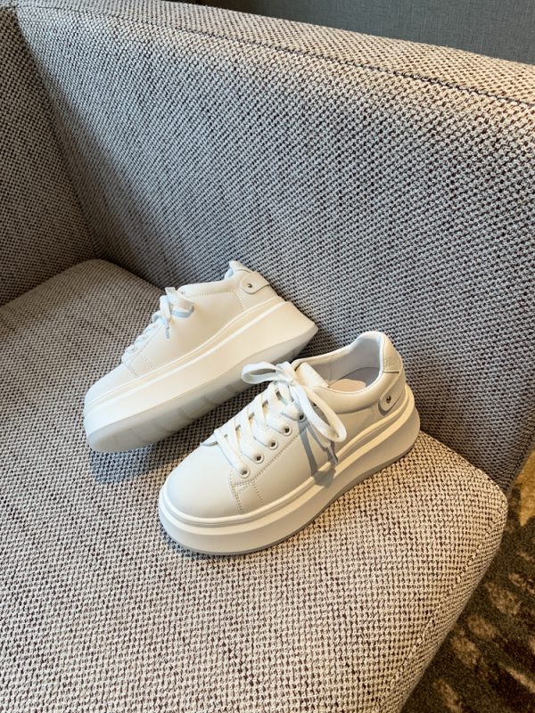 Women's White Lace-Up Platform Sneakers - 2025 New Style Thick-Soled Genuine Leather Casual Sports Shoes
