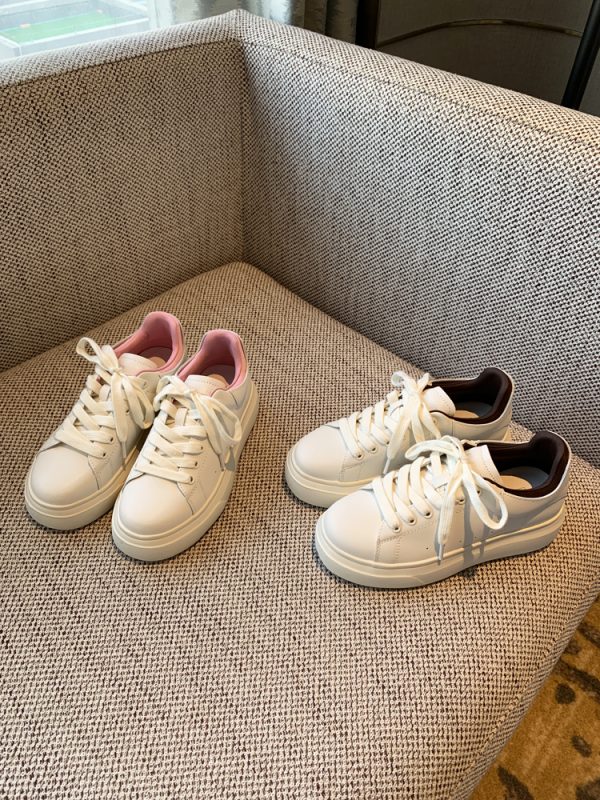 Women's White Lace-Up Sneakers - Comfortable Thick-Soled Genuine Leather Casual Footwear for Spring 2025 - Versatile Student Style