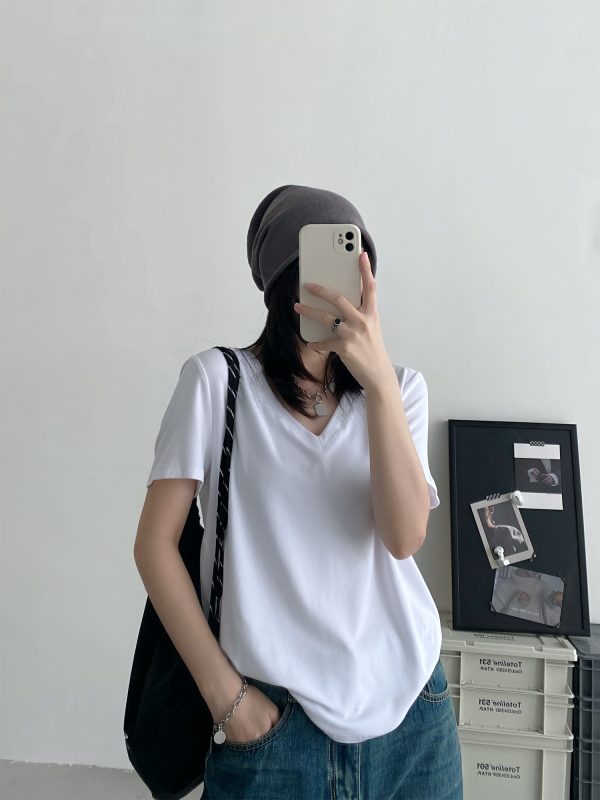 Women's White V-Neck Short Sleeve T-Shirt, Loose Fit Drop Shoulder, Spring Summer Basic Top, Versatile Layering Piece