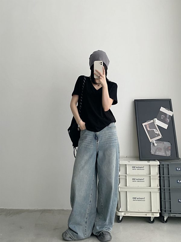 Women's White V-Neck Short Sleeve T-Shirt, Loose Fit Drop Shoulder, Spring Summer Basic Top, Versatile Layering Piece