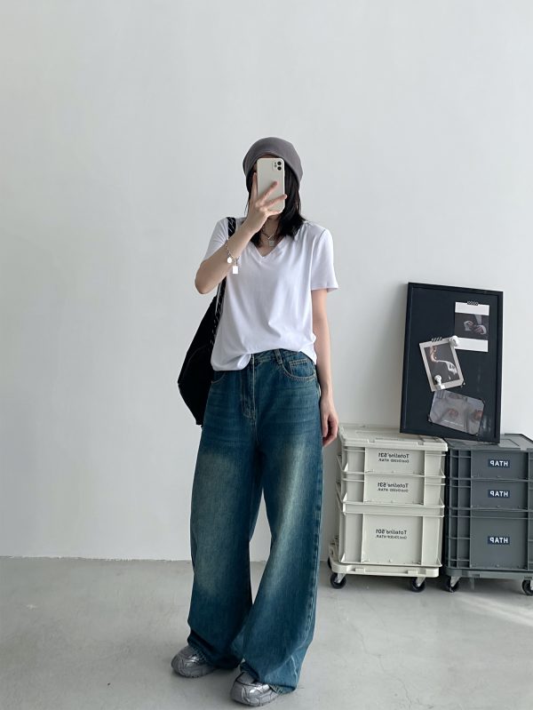 Women's White V-Neck Short Sleeve T-Shirt, Loose Fit Drop Shoulder, Spring Summer Basic Top, Versatile Layering Piece