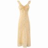 Women's Yellow Floral Long Dress - French Style, Spaghetti Strap, Waist-Cinching, Slim-Fit, Elegant Vacation Outfit