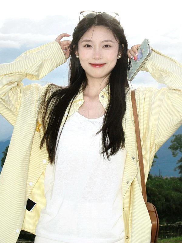 Women's Yellow Striped Shirt with Dog Embroidery, Loose Summer Jacket, American Style, Sun Protection, Trendy Dopamine Top