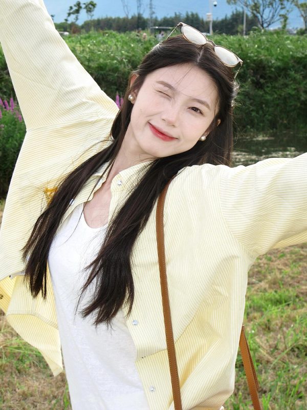 Women's Yellow Striped Shirt with Dog Embroidery, Loose Summer Jacket, American Style, Sun Protection, Trendy Dopamine Top