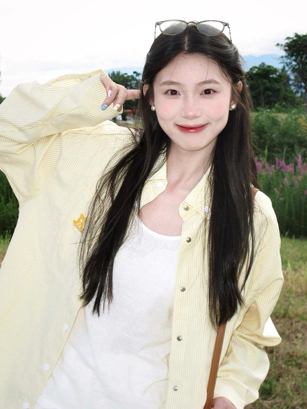 Women's Yellow Striped Shirt with Dog Embroidery, Loose Summer Jacket, American Style, Sun Protection, Trendy Dopamine Top