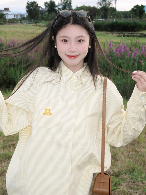 Women's Yellow Striped Shirt with Dog Embroidery, Loose Summer Jacket, American Style, Sun Protection, Trendy Dopamine Top