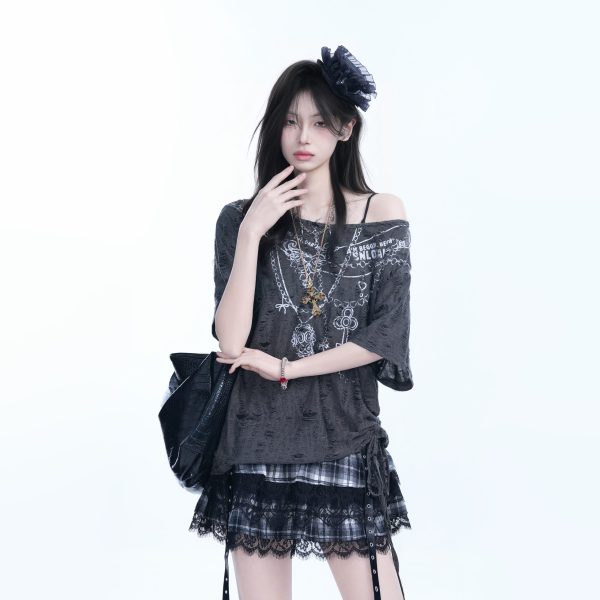 Y2K Butterfly Off-Shoulder Sleeveless T-Shirt - Destructive Feeling Women's Fashion Top for a Trendy Look