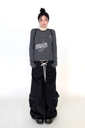 Y2K Color-Block Striped Long Sleeve Tee for Women - Autumn 2024 Trendy Base Top