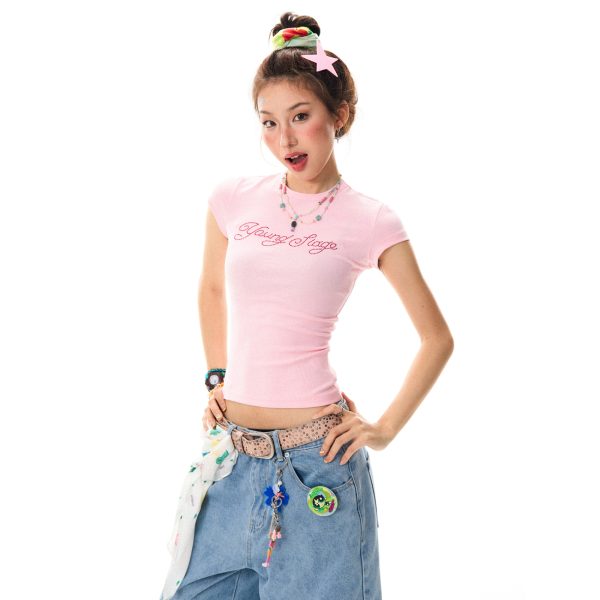 Yellow Rhinestone Short Sleeve T-Shirt for Women, Slim-Fit Cropped Top, Summer Fashion, Trendy Y2K Style