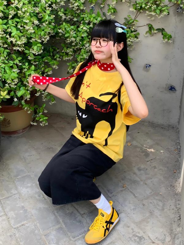 Yellow Short Sleeve T-Shirt for Women - Summer Lazy Cat Print, Loose Fit Round Neck Top, American Style, Casual Everyday Wear