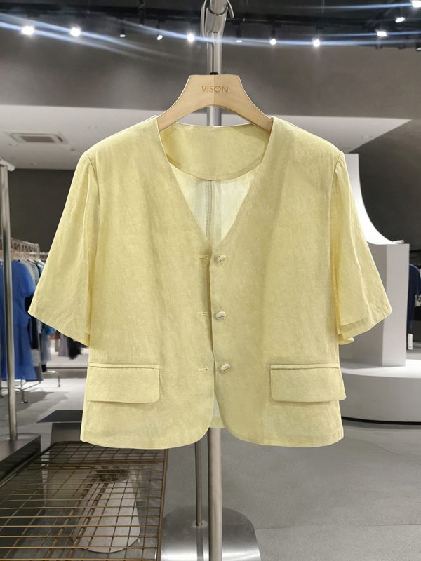 Yellow Small Check Lightweight Suit Jacket for Women, Elegant V-Neck Short Cardigan, 2025 Summer Korean Style Fashion