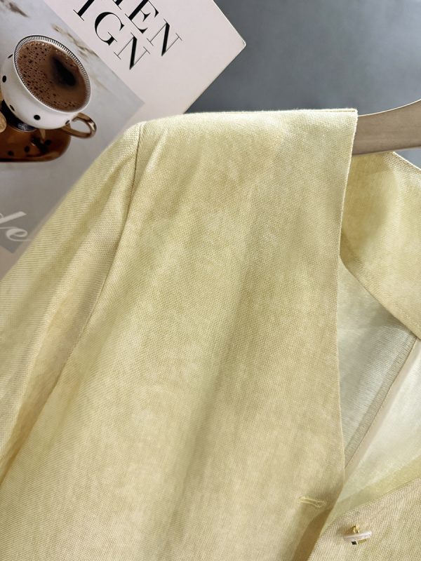 Yellow Small Check Lightweight Suit Jacket for Women, Elegant V-Neck Short Cardigan, 2025 Summer Korean Style Fashion
